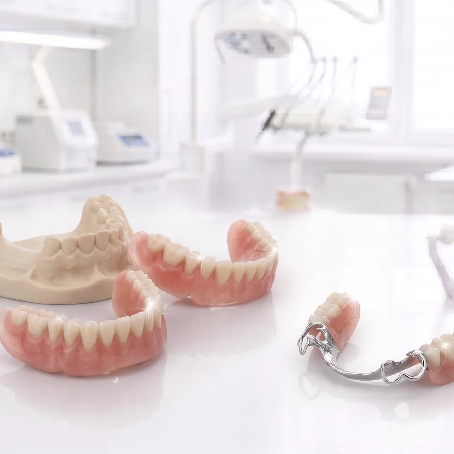 Full dentures, a stone model and a chrome cobalt partial denture on a lab bench