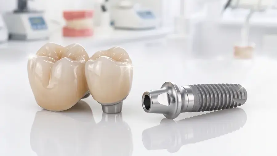 Ceramic crown on an abutment beside a titanium dental implant